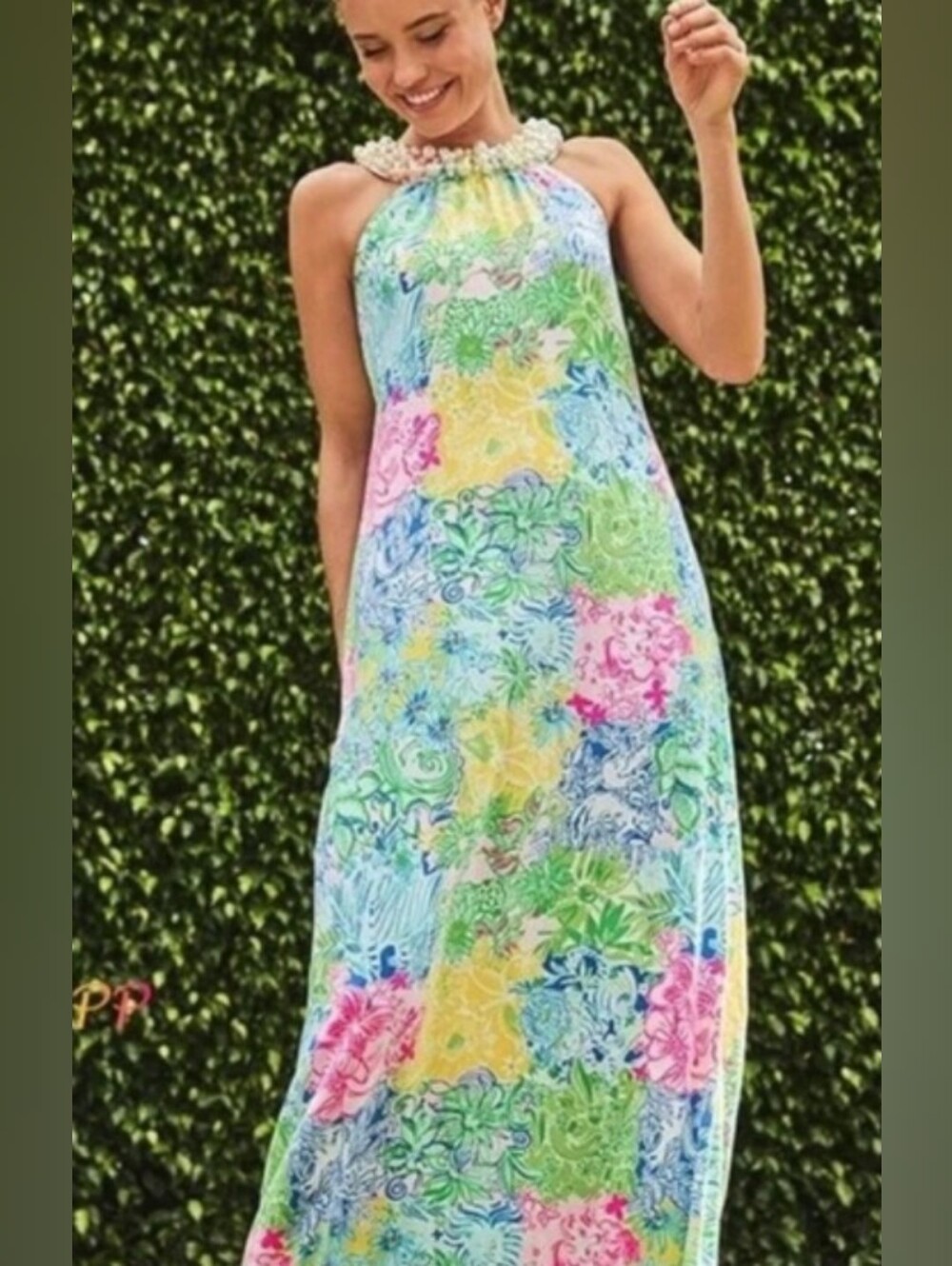 Lilly Pulitzer Shawn Maxi Dress Floral Sleeveless Beaded Resort Multi S EUC